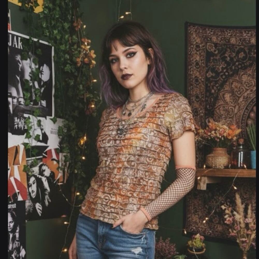 VTG Y2k Small Petite tiered ruffle‎ women blouse orange brown fairy grunge USA